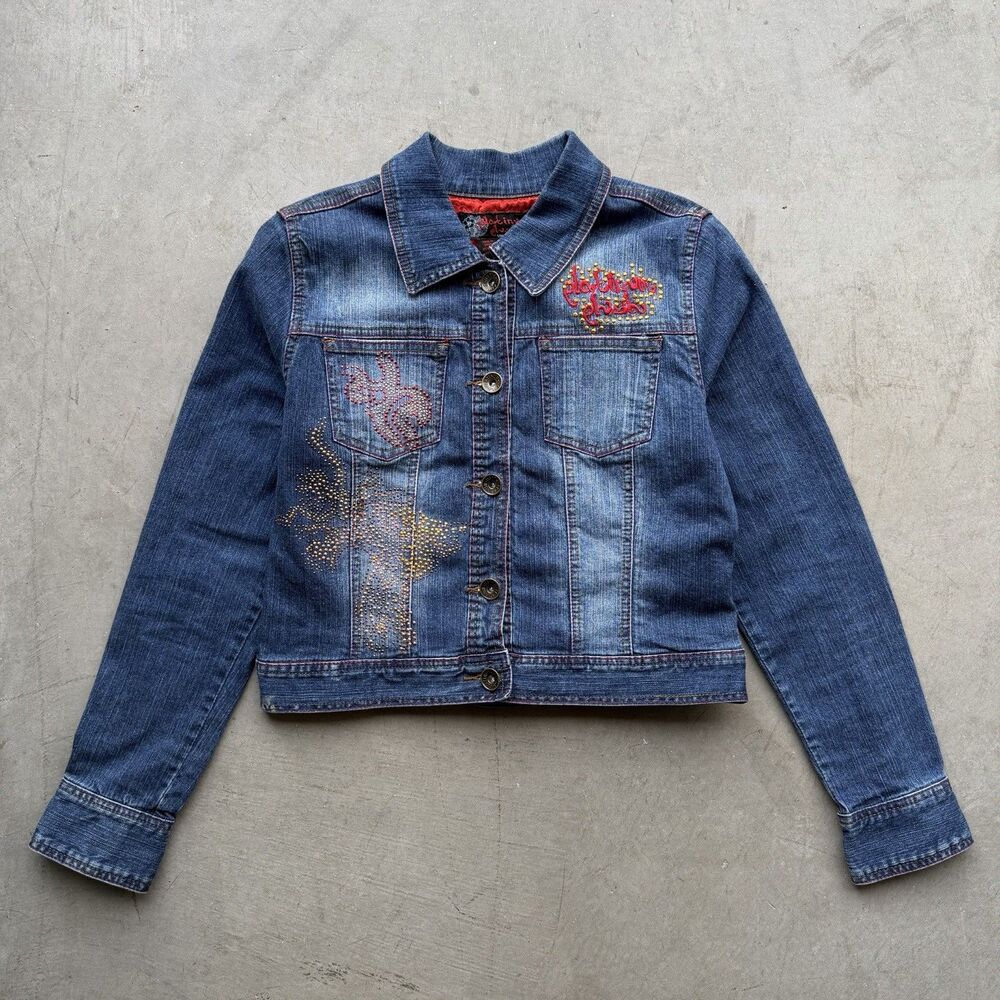 Platinum Plush Womens L Denim Jacket Rhinestone Limited Jean Y2K Vintage Dragon